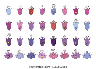 Stock vector collection of bell flower icons.  Isolated and hand drawn vector illustration. Floral design, flower backdrop. Set of abstract flowers. Colorful spring background. Doodle drawings. 