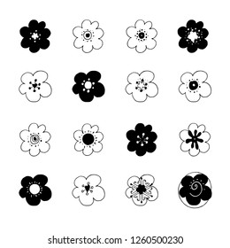Stock vector collection of black and white flower icons. Isolated and hand drawn vector illustration. Set of abstract flowers. Day of the dead floral collection. Doodle drawings. 