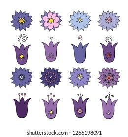 Stock vector collection of blue flower icons.  Isolated and hand drawn vector illustration. Floral design, flower backdrop. Set of abstract flowers. Colorful spring background. Doodle drawings. 