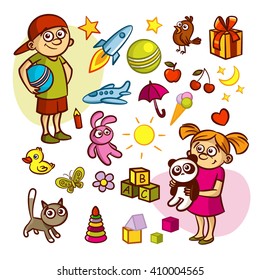 stock vector collection of cute children kids animals toys objects