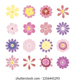 Stock vector collection of flower icons.  Isolated and hand drawn vector illustration. Floral design, flower backdrop. Set of abstract flowers. Colorful spring background. Doodle drawings. 