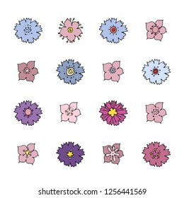 Stock vector collection of flower icons.  Isolated and hand drawn vector illustration. Floral design, flower backdrop. Set of abstract flowers. Colorful spring background. Doodle drawings. 