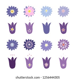 Stock vector collection of flower icons.  Isolated and hand drawn vector illustration. Floral design, flower backdrop. Set of abstract flowers. Colorful spring background. Doodle drawings. 