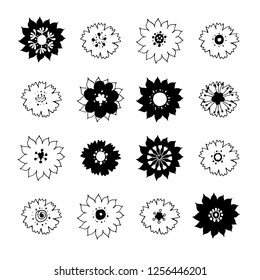 Stock vector collection of flower icons.  Black and white. Isolated and hand drawn vector illustration. Floral design. Set of abstract flowers. Day of the dead collection. Doodle drawings. 