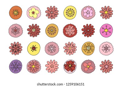 Stock vector collection of flower icons.  Isolated and hand drawn vector illustration. Floral design, flower backdrop. Set of abstract flowers. Dia de los muertos. Doodle drawings. 