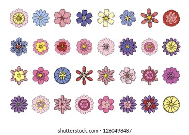 Stock vector collection of flower icons.  Isolated and hand drawn vector illustration. Floral design, flower backdrop. Set of abstract flowers. Dia de los muertos. Doodle drawings. 