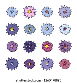 Stock vector collection of flower icons.  Isolated and hand drawn vector illustration. Floral design, flower backdrop. Set of abstract flowers. Dia de los muertos. Doodle drawings. 