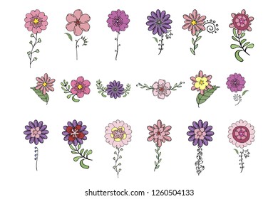 Stock vector collection of flower icons.  Isolated and hand drawn vector illustration. Floral design, flower backdrop. Set of abstract flowers. Colorful spring background. Doodle drawings. 