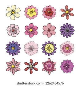 Stock vector collection of flower icons.  Isolated and hand drawn vector illustration. Floral design, flower backdrop. Set of abstract flowers. Dia de los muertos. Doodle drawings. 