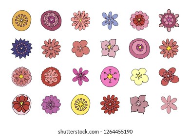 Stock vector collection of flower icons.  Isolated and hand drawn vector illustration. Floral design, flower backdrop. Set of abstract flowers. Dia de los muertos. Doodle drawings. 