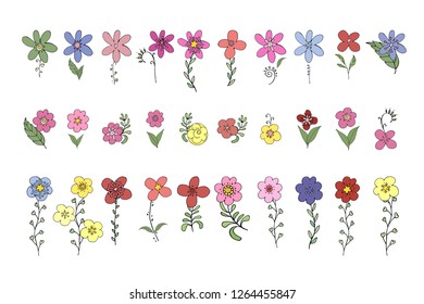 Stock vector collection of flower icons.  Isolated and hand drawn vector illustration. Floral design, flower backdrop. Set of abstract flowers. Colorful spring background. Doodle drawings. 