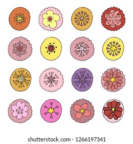 Stock vector collection of flower icons.  Isolated and hand drawn vector illustration. Floral design, flower backdrop. Set of abstract flowers. Dia de los muertos. Doodle drawings. 