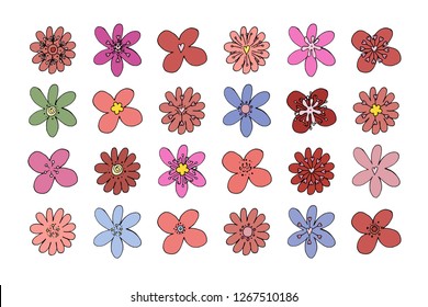 Stock vector collection of flower icons.  Isolated and hand drawn vector illustration. Floral design, flower backdrop. Set of abstract flowers