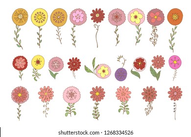 Stock vector collection of flower icons.  Isolated and hand drawn vector illustration. Floral design, flower backdrop. Set of abstract flowers. Colorful spring background. Doodle drawings. 