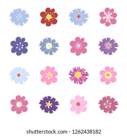 Stock vector collection of pastel flower icons.  Isolated and hand drawn vector illustration. Floral design, flower backdrop. Set of abstract flowers. Colorful spring background. Doodle drawings. 