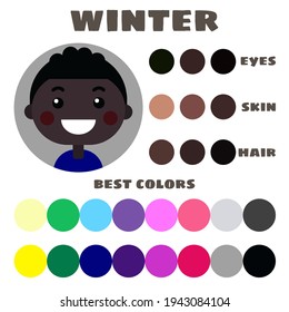 Stock vector color guide. Eyes, skin, hair color. Seasonal color analysis palette with best colors for winter type of children appearance. Face of little boy