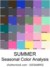 Stock vector color guide with color names. Seasonal color analysis palette for summer type. Type of female appearance