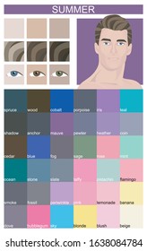 Stock vector color guide with color names. Eyes, skin, hair color. Seasonal color analysis palette for summer type of male appearance. Face of young man.