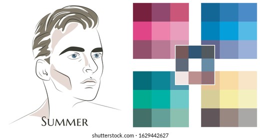 Stock vector color guide. Seasonal color analysis palette for summer type of male appearance. Face of young man.