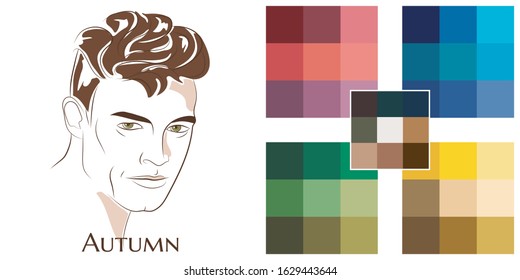 Stock vector color guide. Seasonal color analysis palette for autumn type of male appearance. Face of young man.