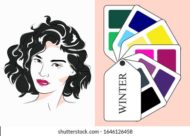 Stock vector color guide. Seasonal color analysis palette for winter type of female appearance. Face of young woman