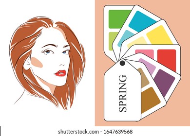 Stock vector color guide. Seasonal color analysis palette for spring type of female appearance. Face of young woman