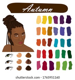 Stock vector color guide. Seasonal color analysis palette for autumn type of female appearance. Face of young african american woman