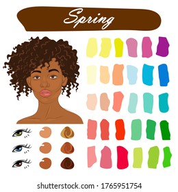 Stock vector color guide. Seasonal color analysis palette for spring type of female appearance. Face of young african american woman