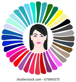 Stock vector color guide. Seasonal color analysis palette for winter type. Face of young woman. Type of female appearance