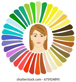 Stock vector color guide. Seasonal color analysis palette for spring type. Type of female appearance. Face of young woman. 
