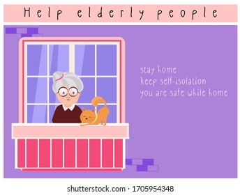 Stock vector colorful bright banner of old woman with cat on balcony walking during covid-19 quarantine. Granny self-isolation in window. Stay home. Modern pressing poster with space for website text 