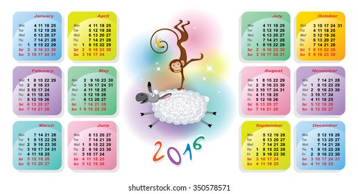 Stock vector colorful calendars for two thousand sixteenth year monkey riding a sheep