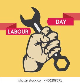Stock Vector colorful  cartoon illustration of Labor Day concept Celebration Poster Design Template with closed fist man's hand holding wrench.
