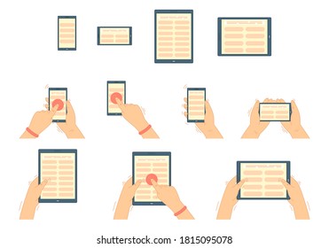 Stock vector, concept of hands holding gadgets, smartphones and tablets