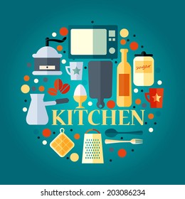 stock vector concept illustration with kitchenware flat icons in the circle for your design