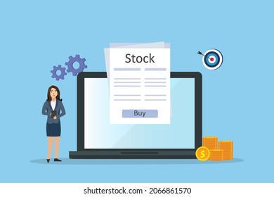 Stock vector concept. Young businesswoman buying stock online on laptop while standing with dartboard background