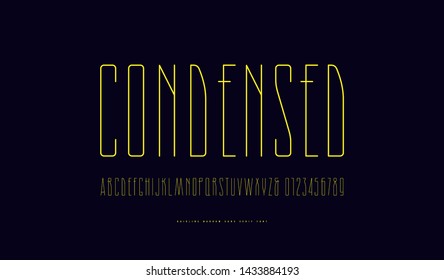 Stock vector condensed sans serif font. Hair line face. Letters and numbers for logo and label design in art nouveau style. Yellow print on dark blue background