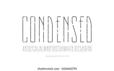 Stock vector condensed sans serif font. Hair line face. Letters and numbers with vintage texture for logo and label design. Black print on white background
