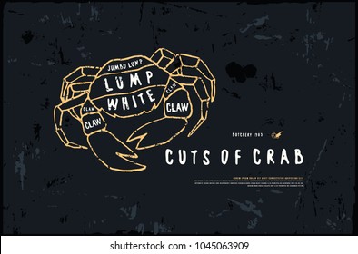 Stock vector crab cuts diagram in the style of handmade graphics. Illustration with rough texture. Color print on black background