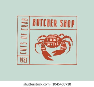 Stock vector crab cuts diagram in the style of handmade graphics. Label template for butcher shop. Color print on blue background