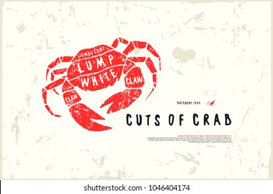 Stock vector crab cuts diagram in the style of handmade graphics. Illustration with rough texture. Color print on white background