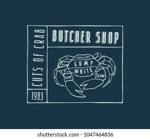 Stock vector crab cuts diagram in the style of handmade graphics. Label template for butcher shop. Color print on dark blue background