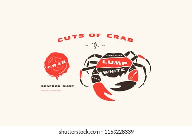 Stock vector crab cuts diagram in flat style. Color print on white background