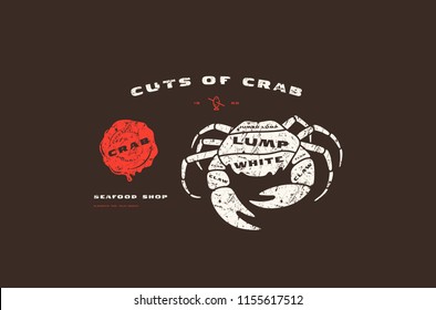 Stock vector crab cuts diagram in flat style. Design with rough texture. Color print on black background