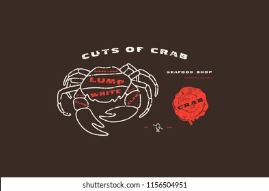 Stock vector crab cuts diagram in thin line style. Design with rough texture. Color print on black background