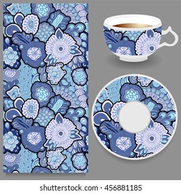 stock vector cup of coffee and seamless floral oriental ornament. hand draw