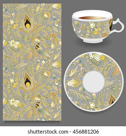 stock vector cup of coffee and seamless floral oriental ornament. hand draw