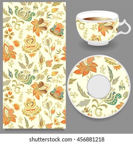 stock vector cup of coffee and seamless floral oriental ornament. hand draw