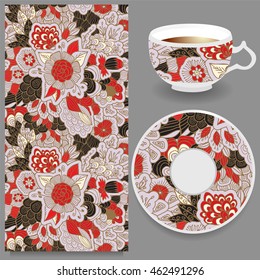 stock vector cup of coffee and seamless floral oriental ornament. hand draw