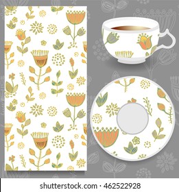 stock vector cup of coffee and seamless floral oriental ornament. hand draw